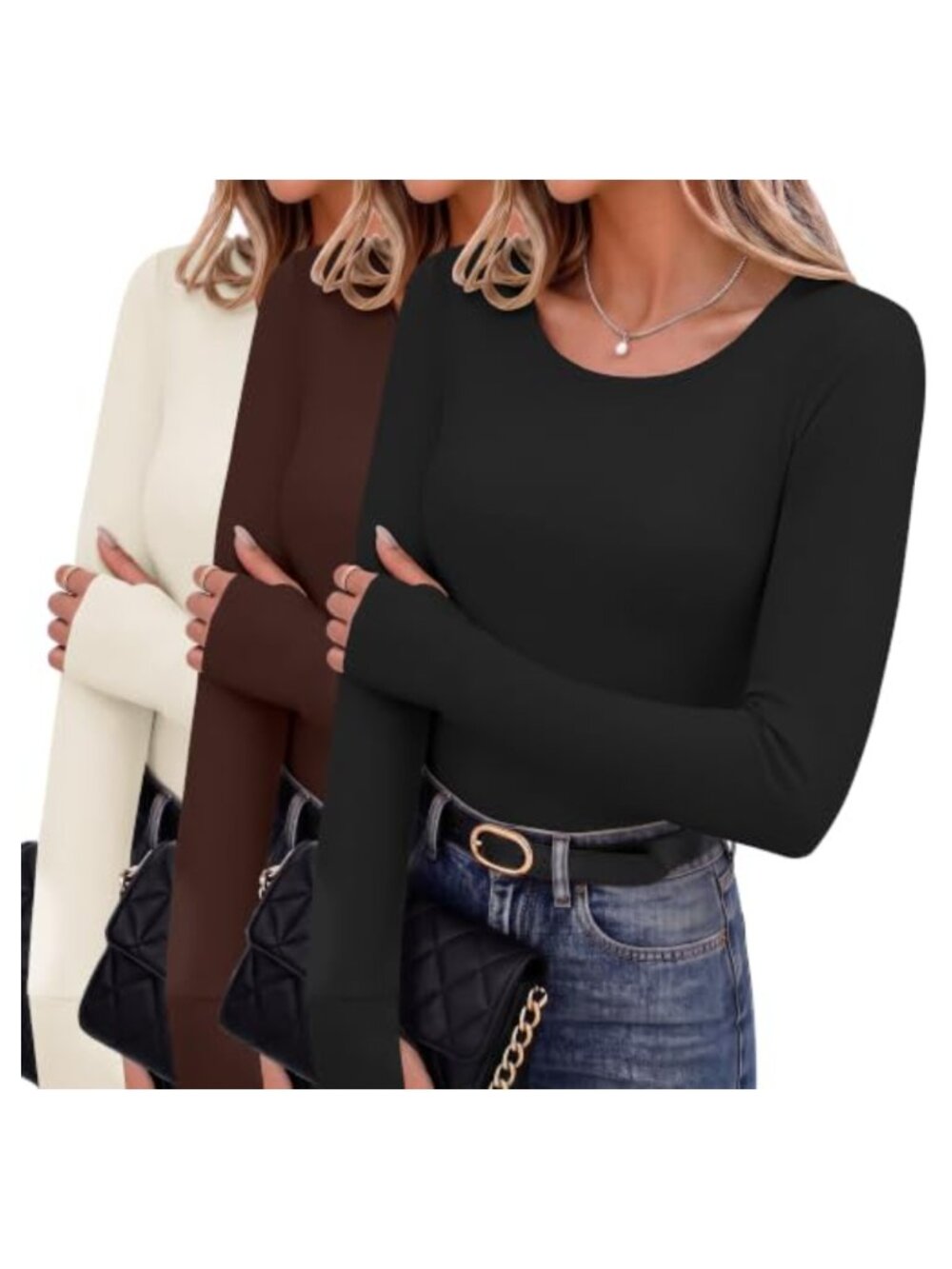 Women's 3 Pack Thumb Hole Long Sleeve Thermal Tops Slim Fit Lightweight Crew